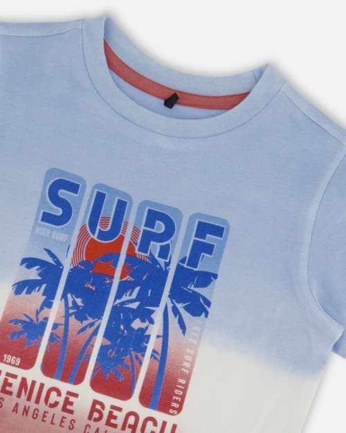 Deux Par Deux Little Boy's Short Sleeve Organic Cotton Graphic Tee Gradient Pale Blue And Dark Old R In Gradient Pale Blue, Dark Rose