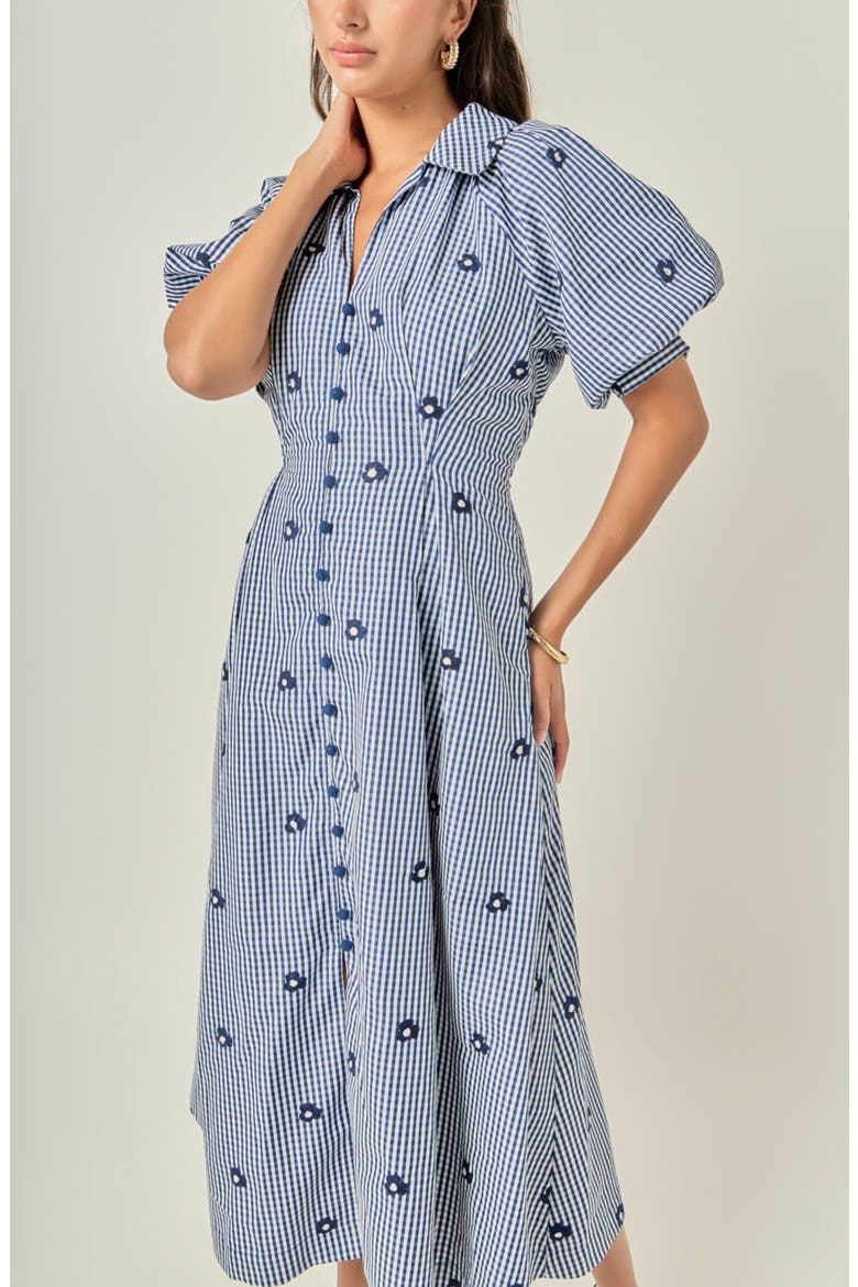 Embroidered Gingham Shirt Midi Dress, Alternate, color, NAVY