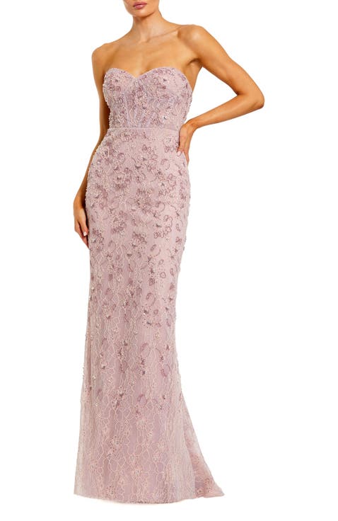 Beaded Strapless Bustier Gown With Satin Rose Cape