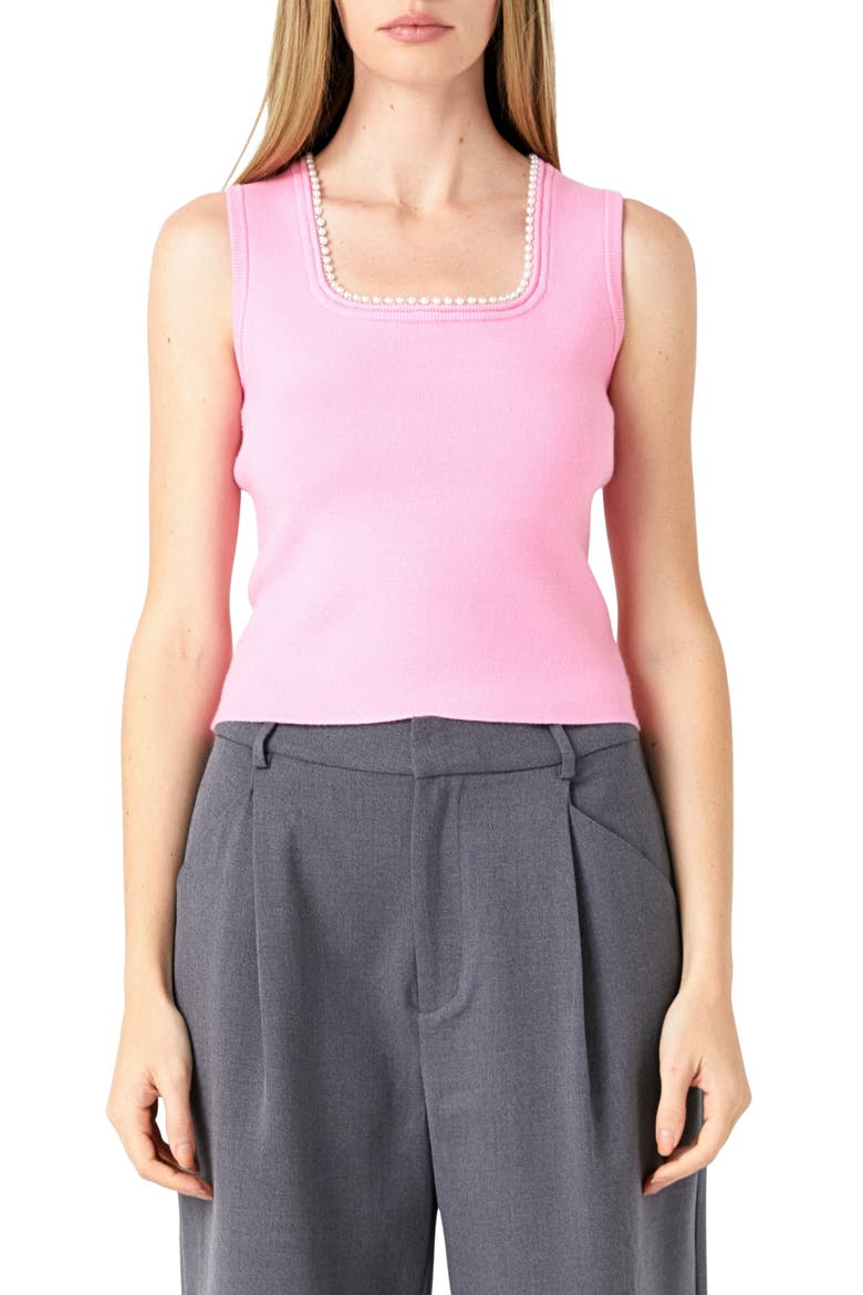 Imitation Pearl Trim Knit Tank, Main, color, PINK
