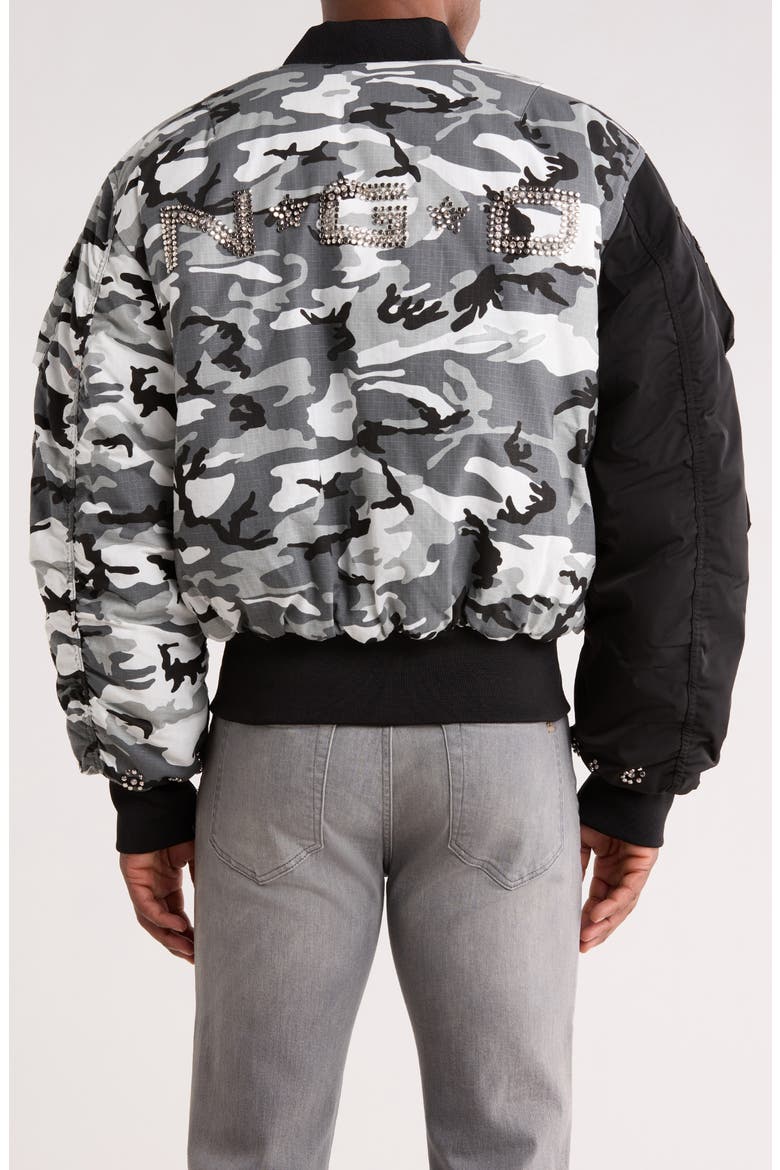 Mixed Media Studded Bomber Jacket, Alternate, color, BLACK/ CAMO