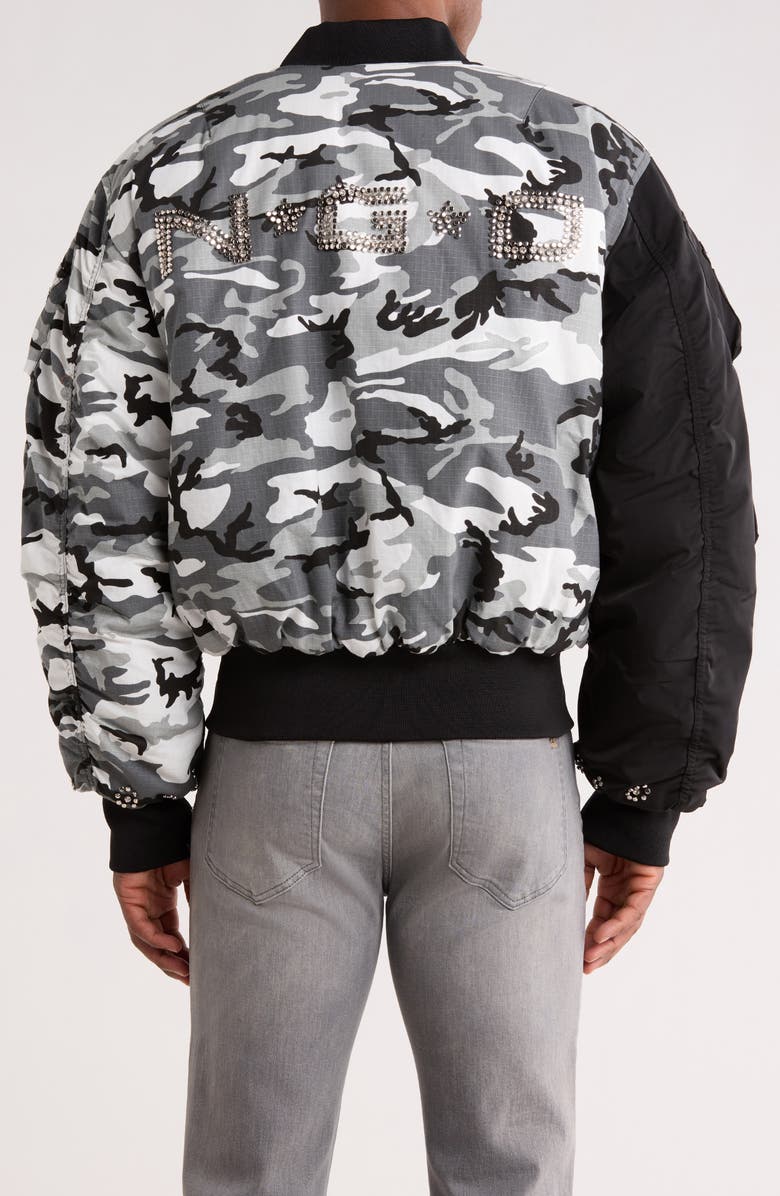 Nothing Grows Overnight Mixed Media Studded Bomber Jacket, Alternate, color, Black/ Camo