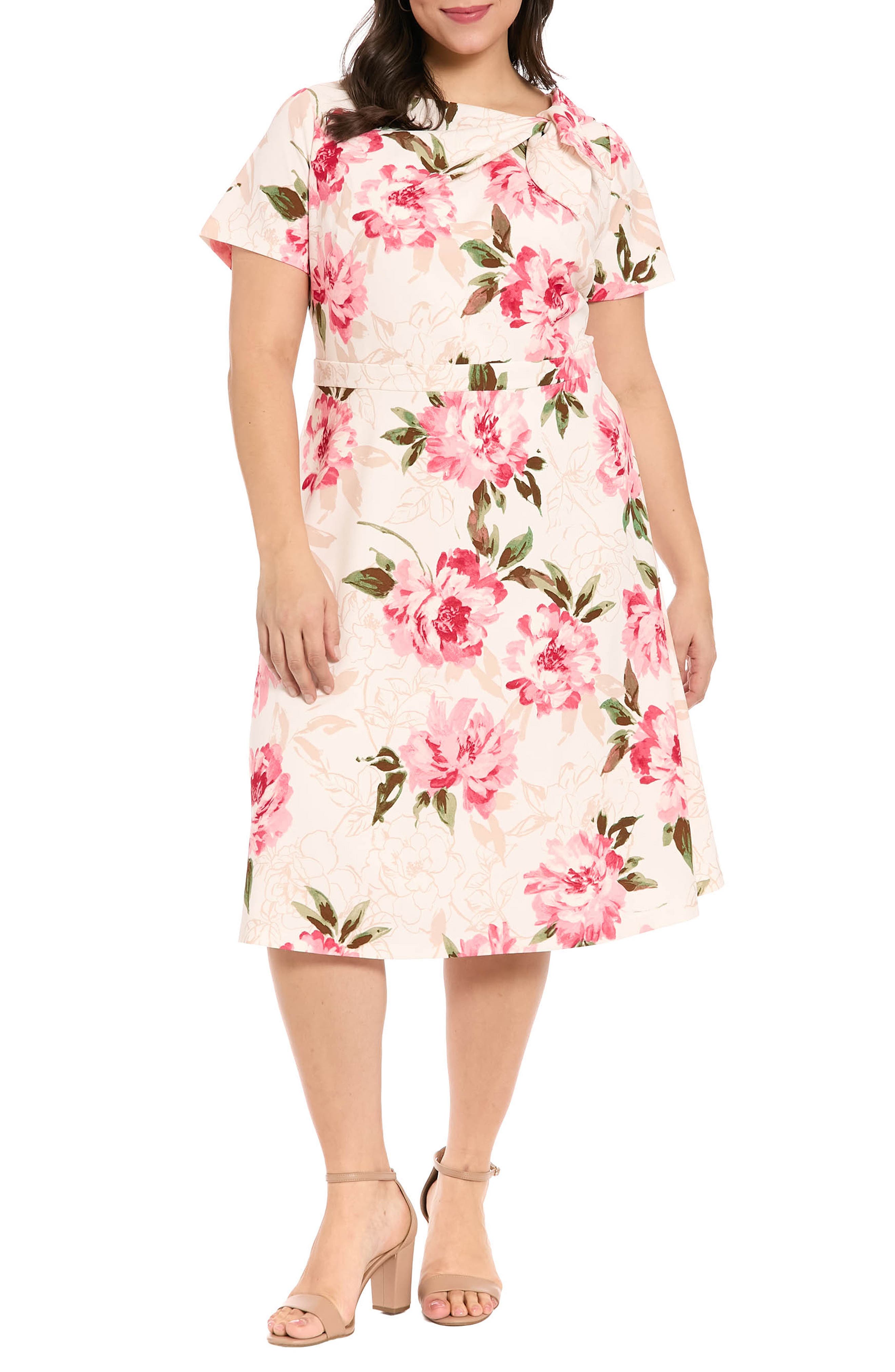 London Times Tie Neck Fit & Flare Dress