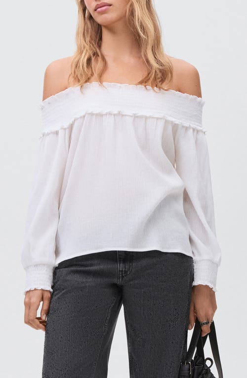 Mango Teen Smocked Strapless Long Sleeve Top In White