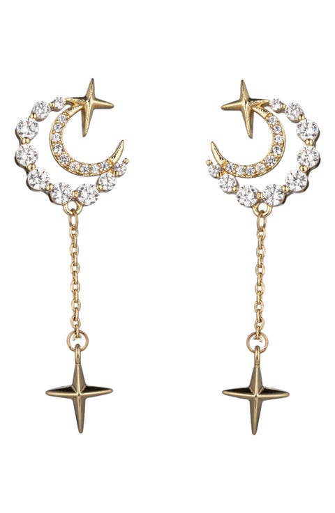 Cubic Zirconia Moon & Star Drop Earrings