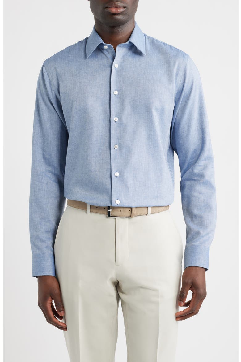 Trim Fit Premium Linen Blend Herringbone Dress Shirt, Main, color, BLUE CHAMBRAY HERRINGBONE