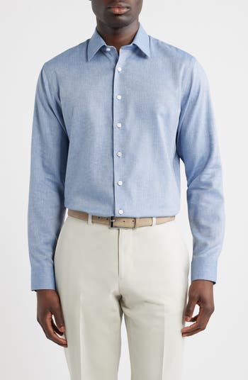 Nordstrom Trim Fit Premium Linen Blend Herringbone Dress Shirt in Tan Chambray Herringbone at Nordstrom, Size 15 - 32