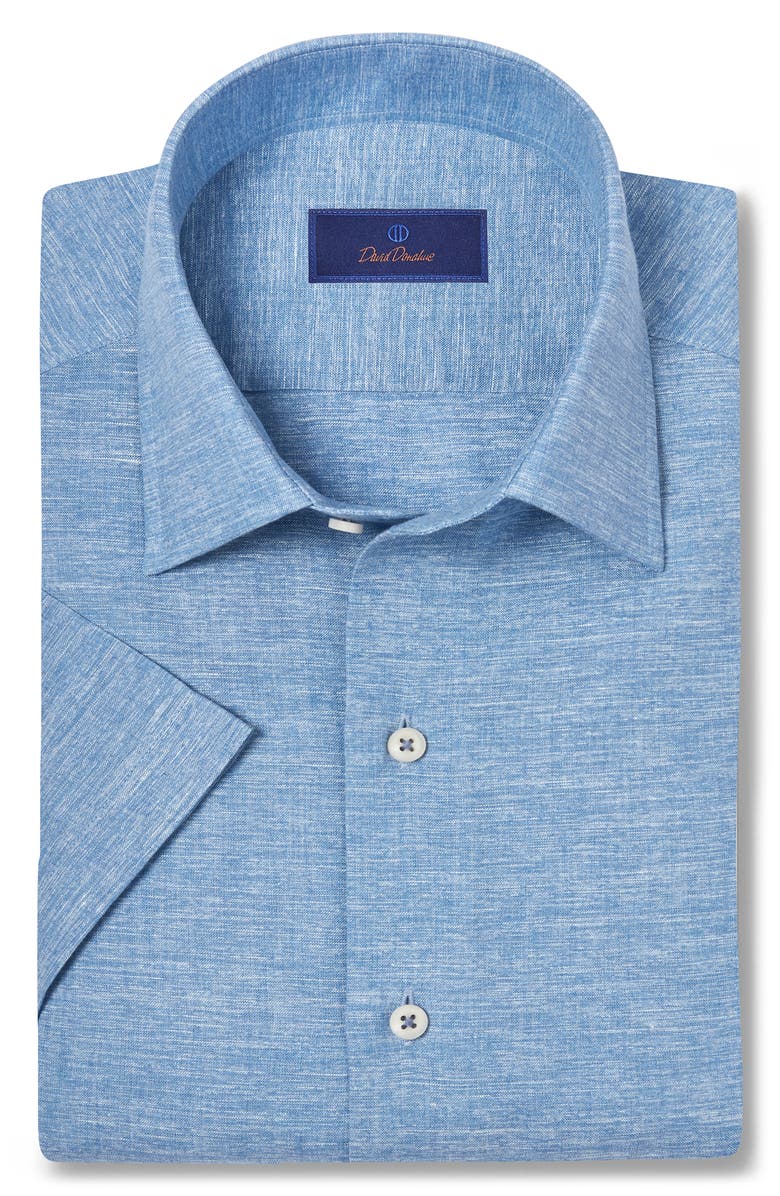 David Donahue Casual Short Sleeve Linen & Cotton Button-Up Shirt, Alternate, color, Denim