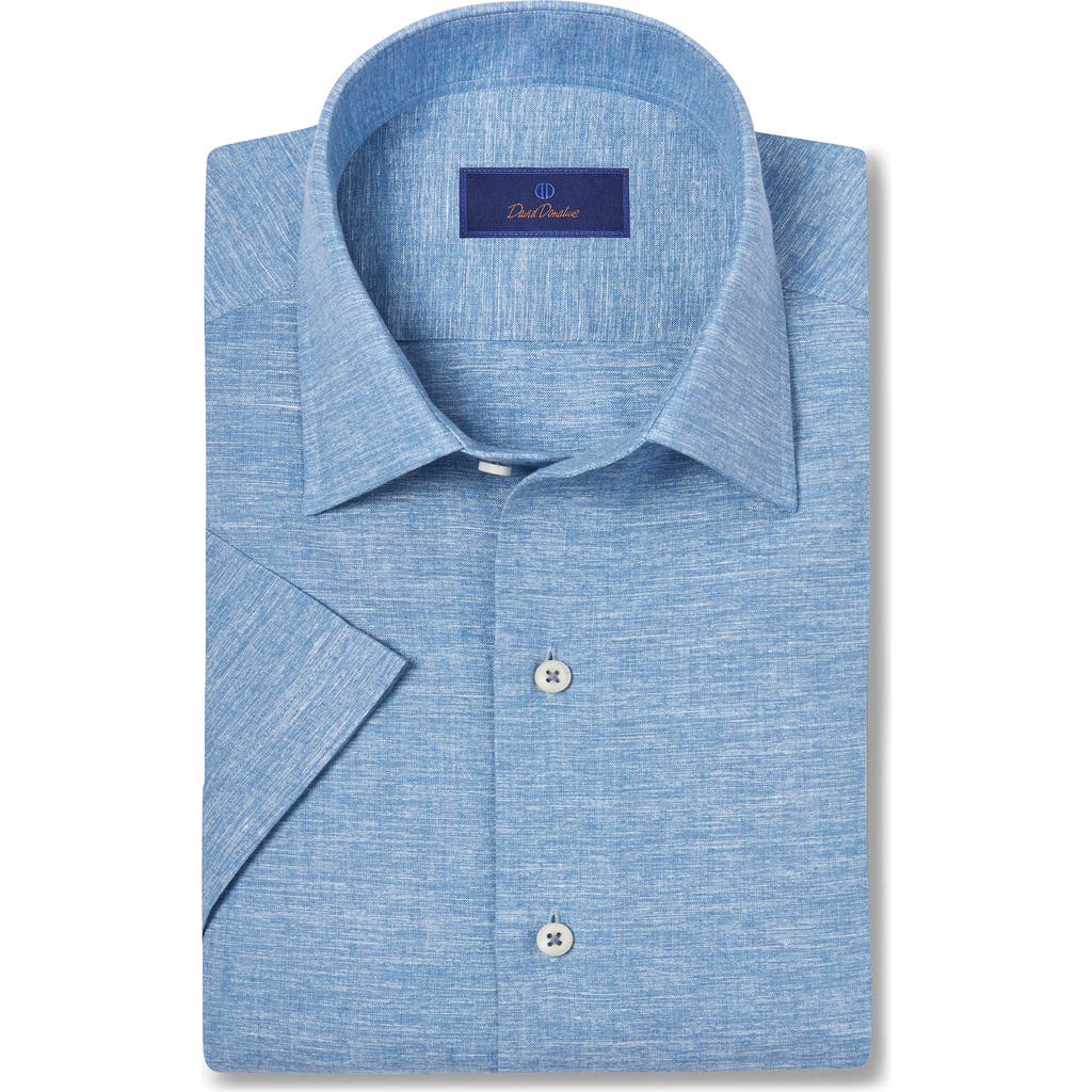 David Donahue Casual Short Sleeve Linen & Cotton Button-up Shirt In Denim