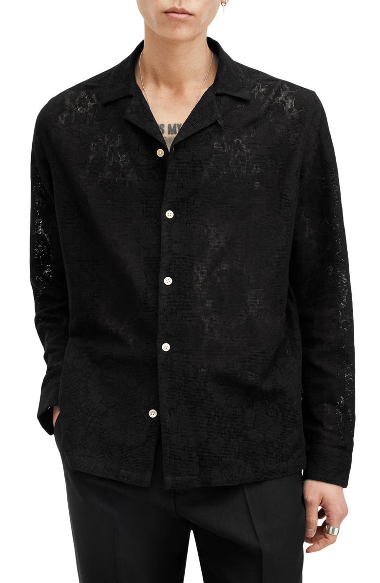 AllSaints Okesa Floral Cotton Lace Button Up Shirt, Main, color, 