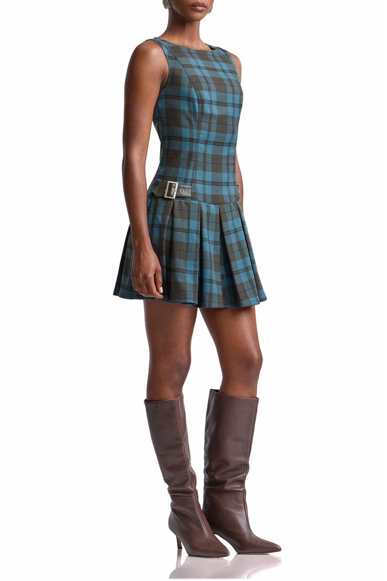 Plaid Pleated Stretch Minidress, Alternate, color, DEEP TEAL PLAID