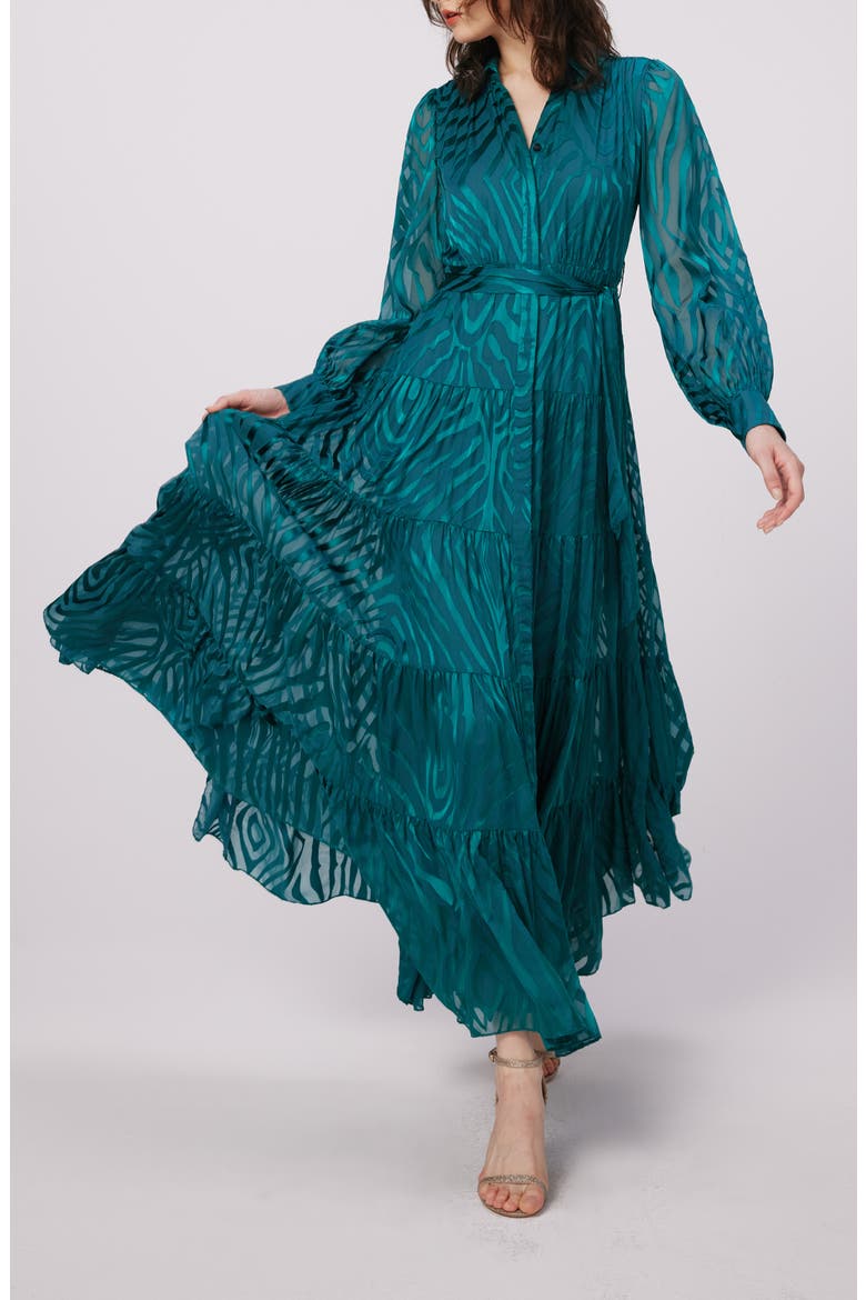 Downing Zebra Stripe Jacquard Long Sleeve Chiffon Maxi Dress, Alternate, color, ZEBRA INDIAN GREEN LG