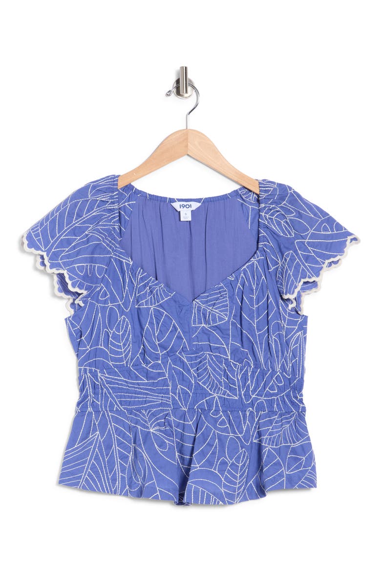Short Sleeve Smocked Waist Top, Alternate, color, BLUE-WHITE LEAF EMBR