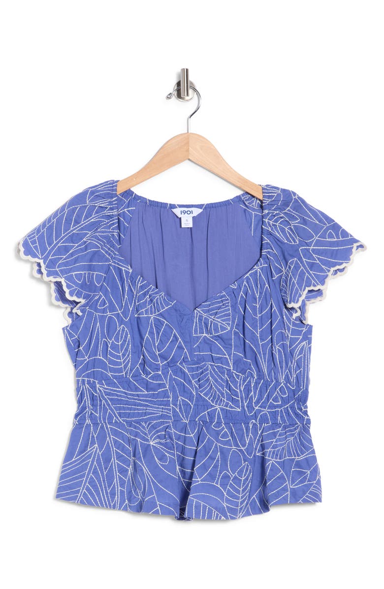 1901 Short Sleeve Smocked Waist Top, Alternate, color, Blue-White Leaf Embr