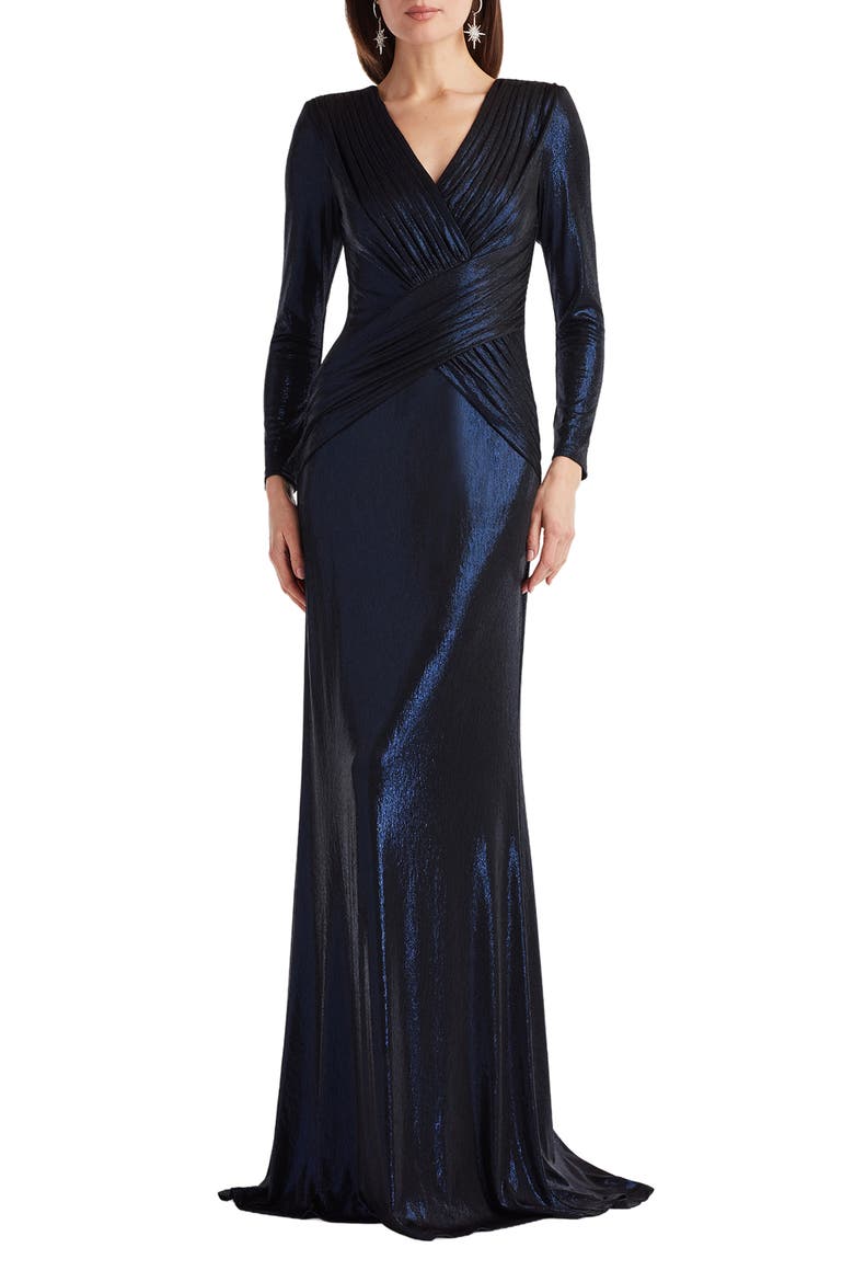 Metallic Surplice V-Neck Long Sleeve Gown, Main, color, ROYAL NAVY