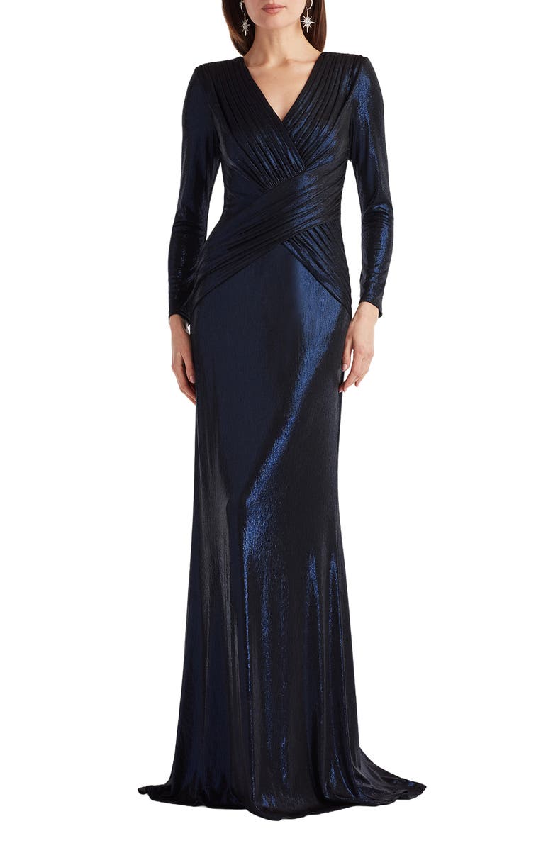 Tadashi Shoji Metallic Surplice V-Neck Long Sleeve Gown, Main, color, Royal Navy