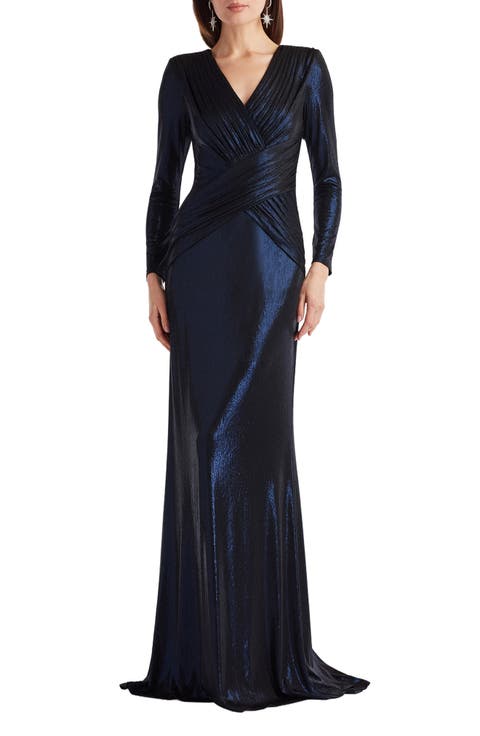 Metallic Surplice V-Neck Long Sleeve Gown
