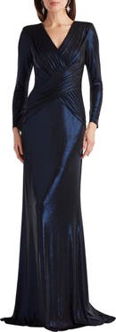 Tadashi Shoji Metallic Surplice V-Neck Long Sleeve Gown