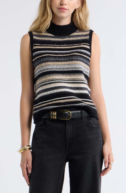 Striped Sleeveless Mock Neck Sweater