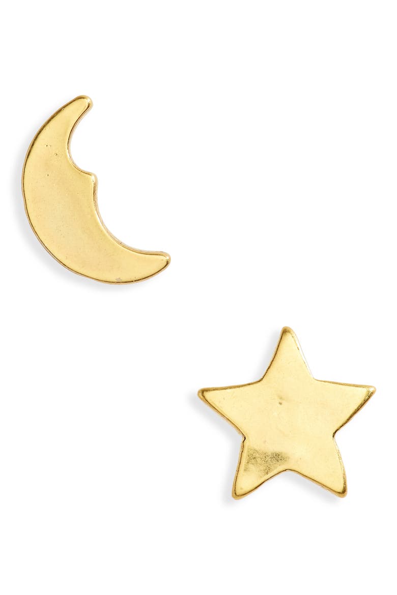 Hammered Moon & Star Mismatch Stud Earrings, Main, color, VINTAGE GOLD