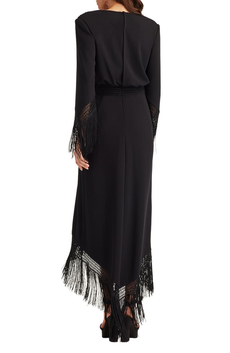 Tadashi Shoji Fringe Detail Long Sleeve Gown, Alternate, color, Black