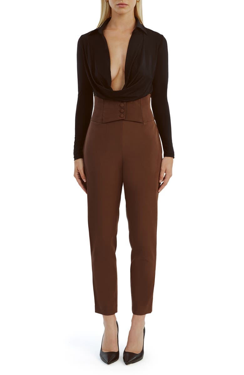 Bardot Lorel Plunge Neck Long Sleeve Bodysuit, Main, color, Black