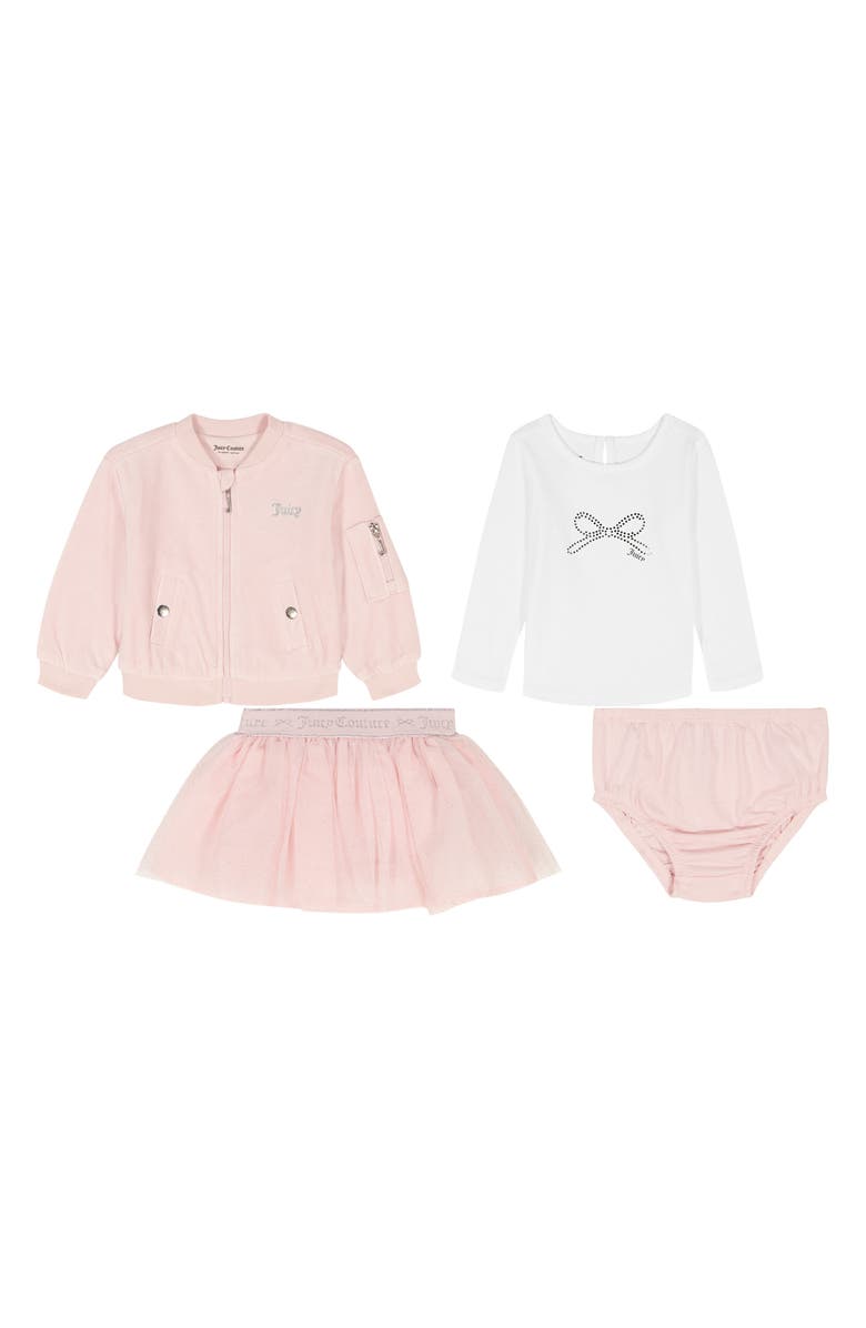 Juicy Couture Logo Bomber Jacket, Long Sleeve T-Shirt, Skirt & Bloomers Set, Main, color, Pink