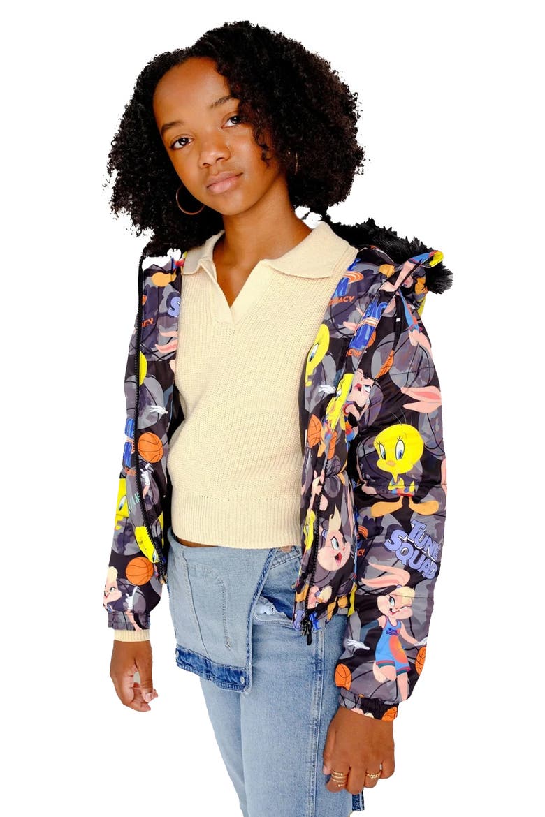 Girl's Heavy Quilted Puffer in New Looney Mash Jacket, Alternate, color, Black