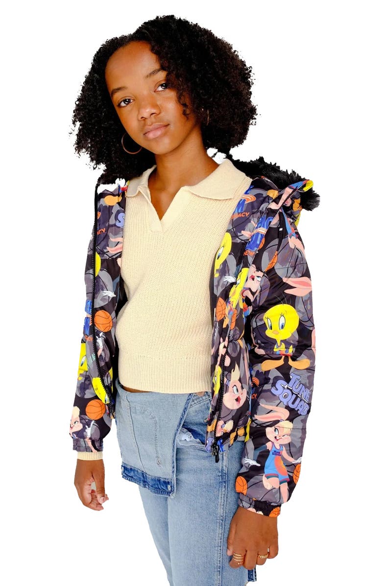 Members Only Girl's Heavy Quilted Puffer in New Looney Mash Jacket, Alternate, color, Black