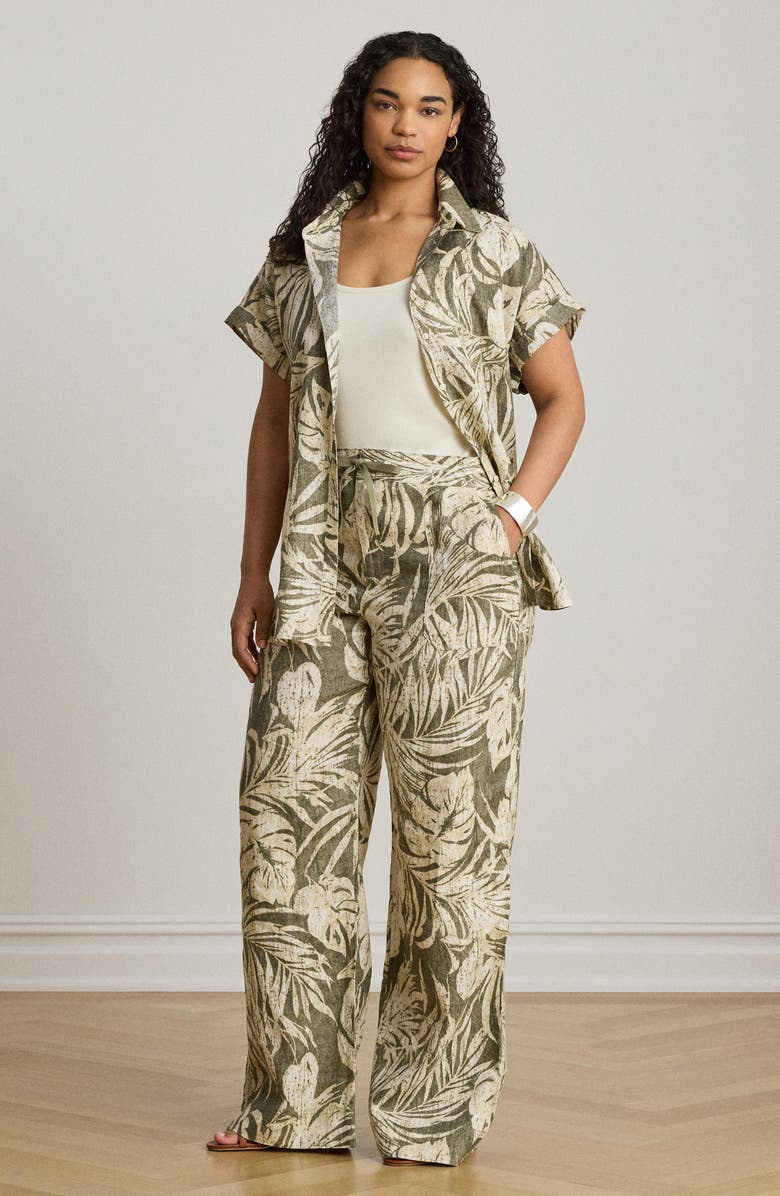 Lauren Ralph Lauren Palm Print Linen Wide Leg Pants, Alternate, color, Farm Olive Green