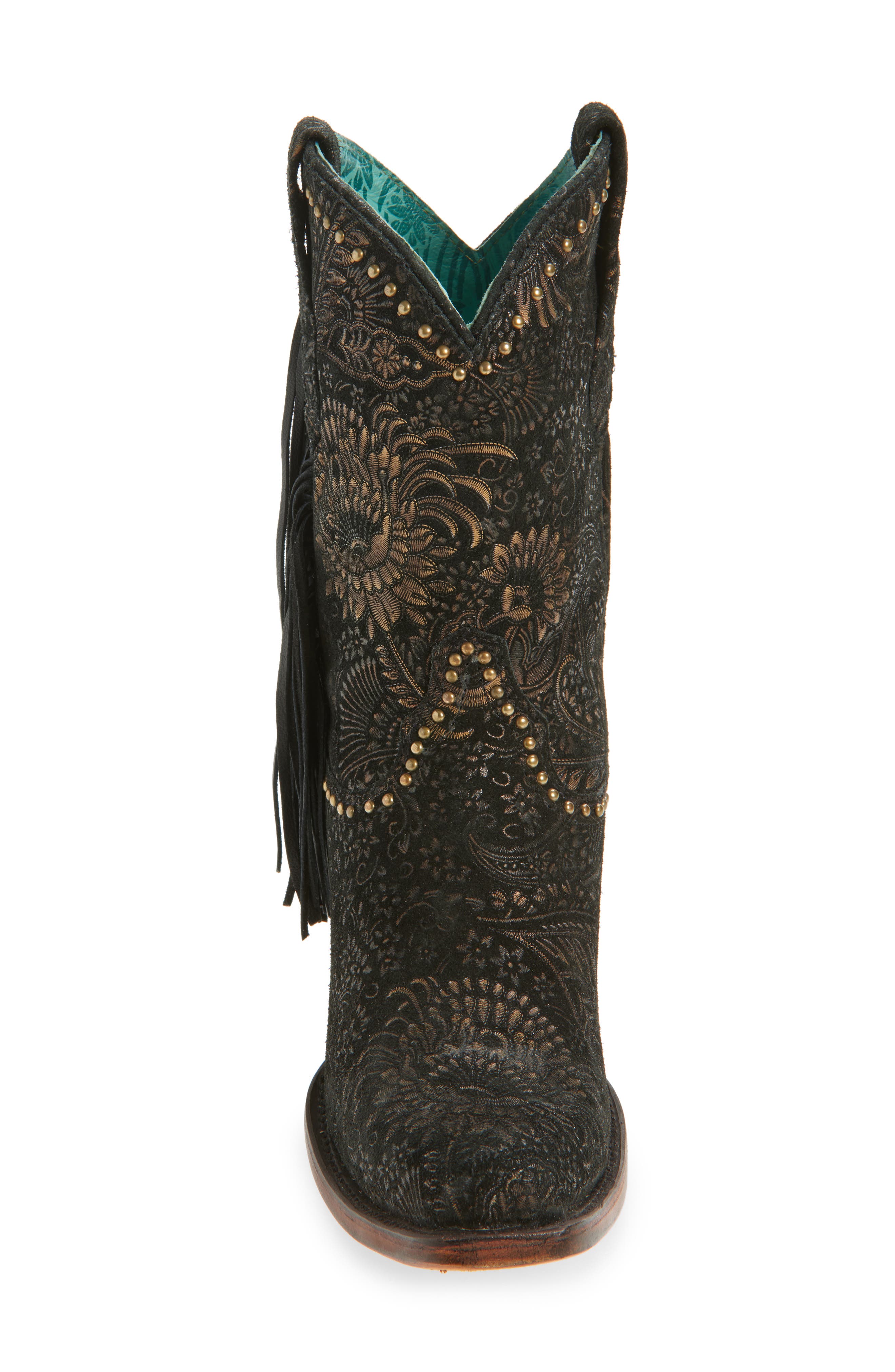 CORRAL Stamped Floral Fringe Western Boot, Alternate, color, Black/ Gold