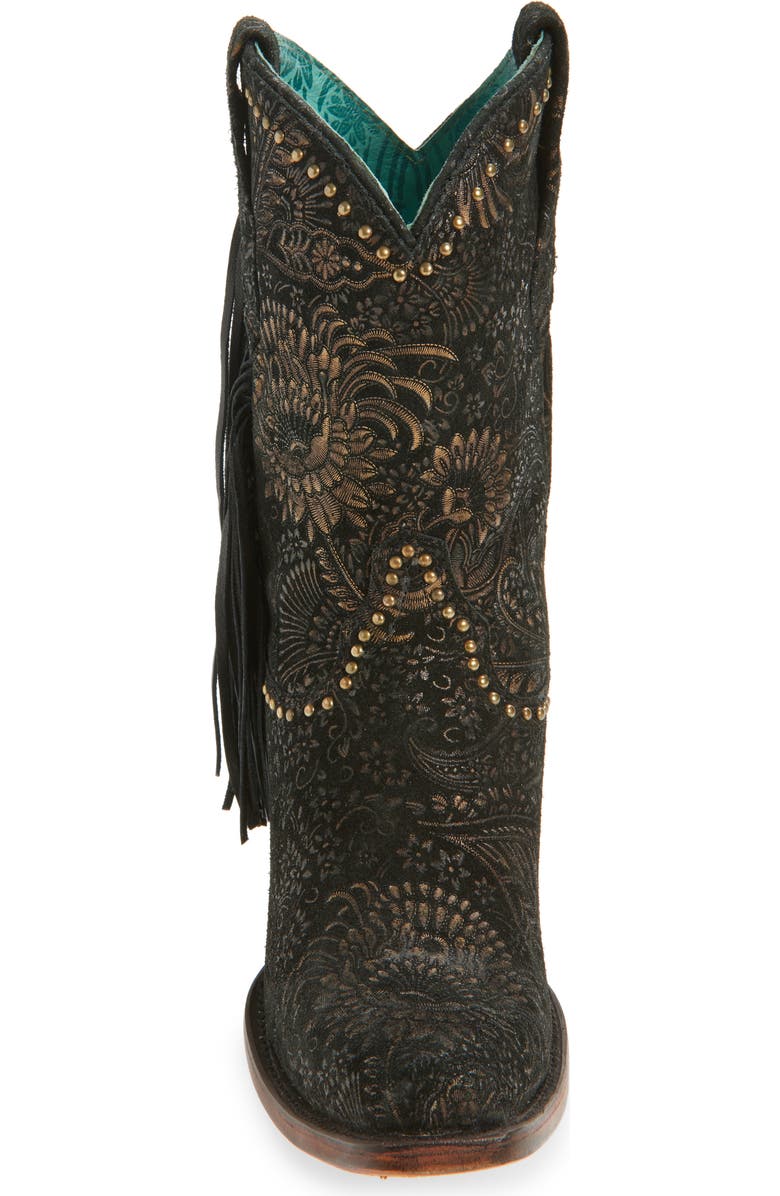 CORRAL Stamped Floral Fringe Western Boot, Alternate, color, Black/ Gold