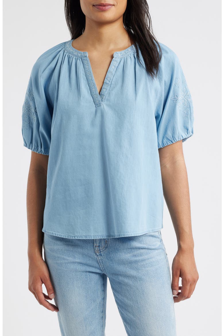 Laurent Embroidered Denim Top, Main, color, LIGHT WASH