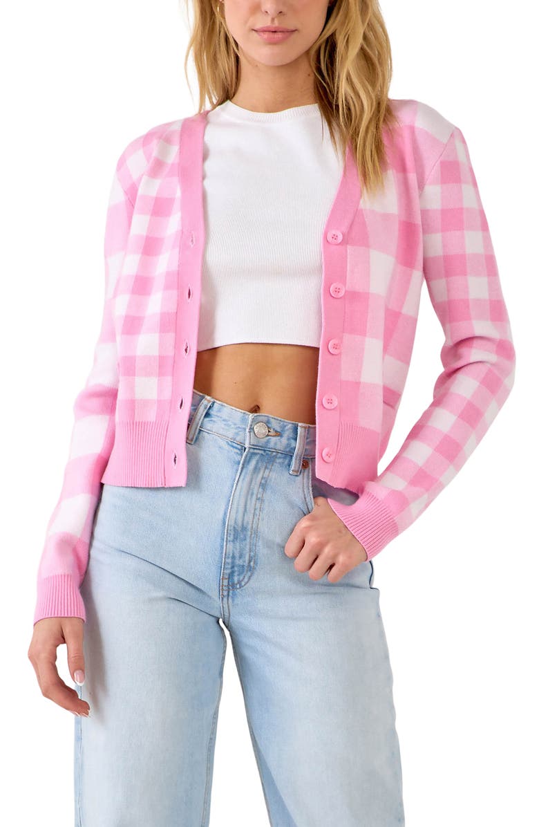 English Factory Gingham Knit Cardigan, Alternate, color, Pink