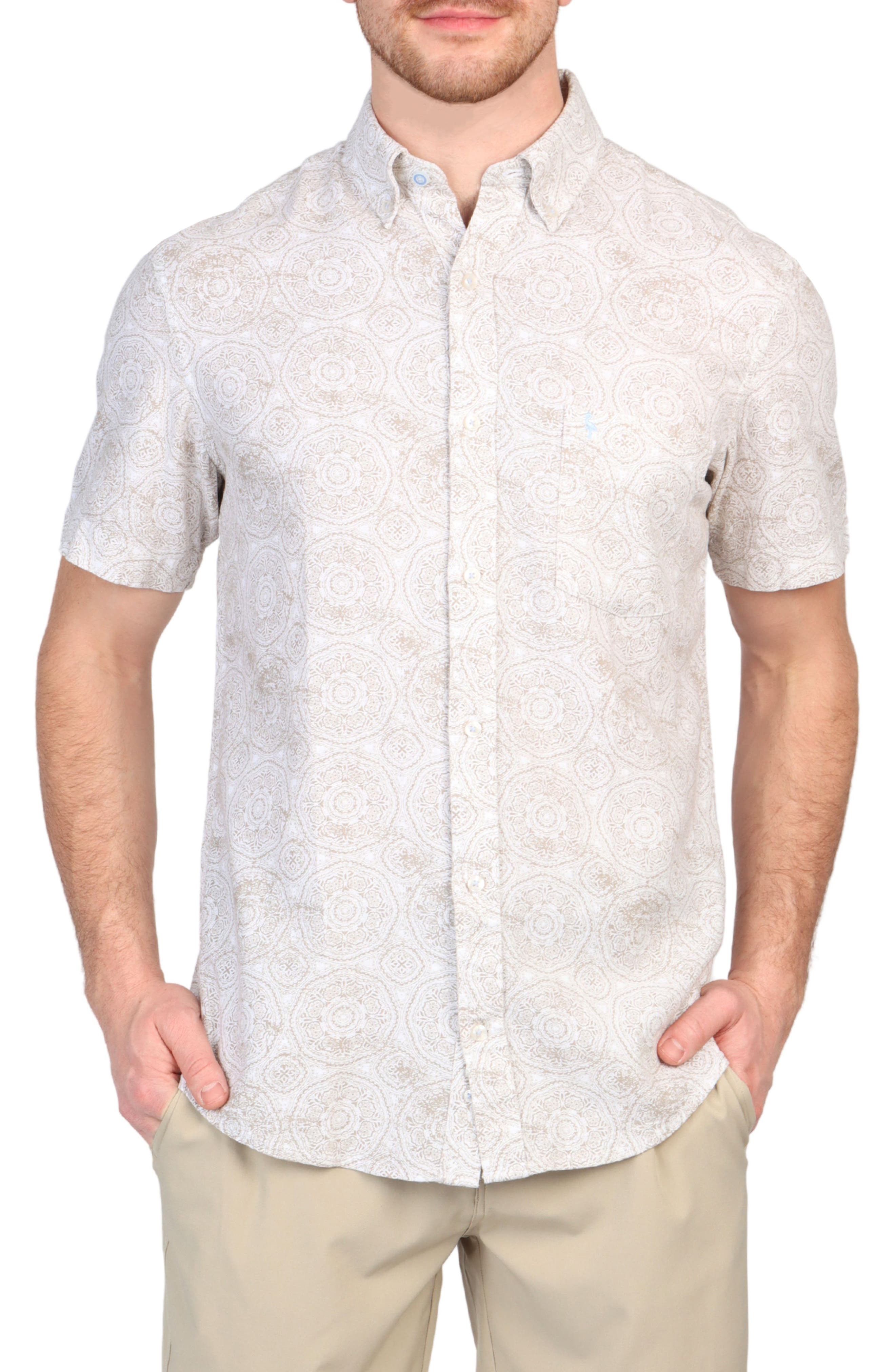 TailorByrd Batik Print Linen Blend Short Sleeve Button-Down Shirt