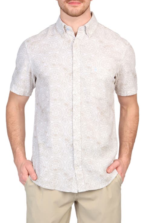 Batik Print Linen Blend Short Sleeve Button-Down Shirt