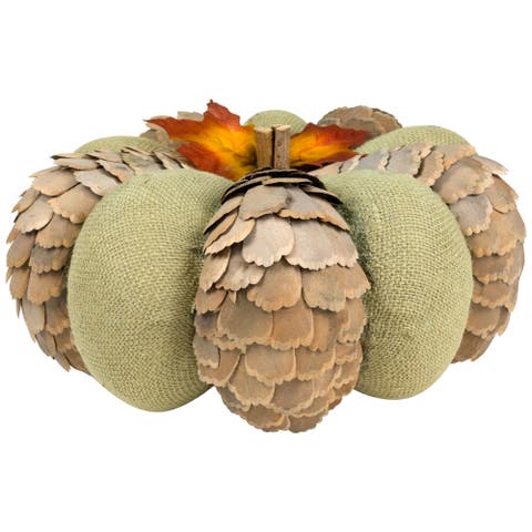 Layered Wood Petals and Burlap Fall Harvest Pumpkin - 10" - Green and Beige