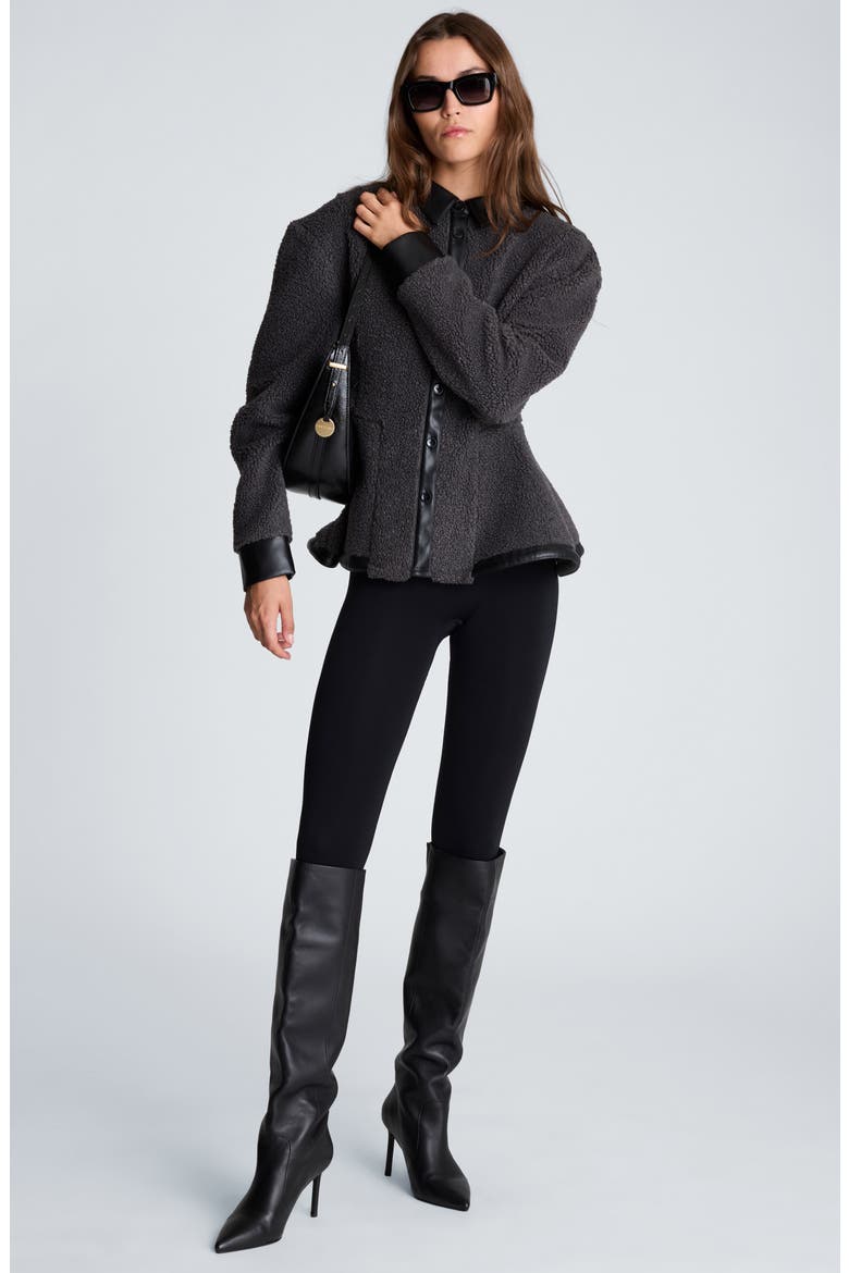 Faux Leather Trim Faux Fur Peplum Shirt, Alternate, color, SOLID GRAPHITE/ BLACK