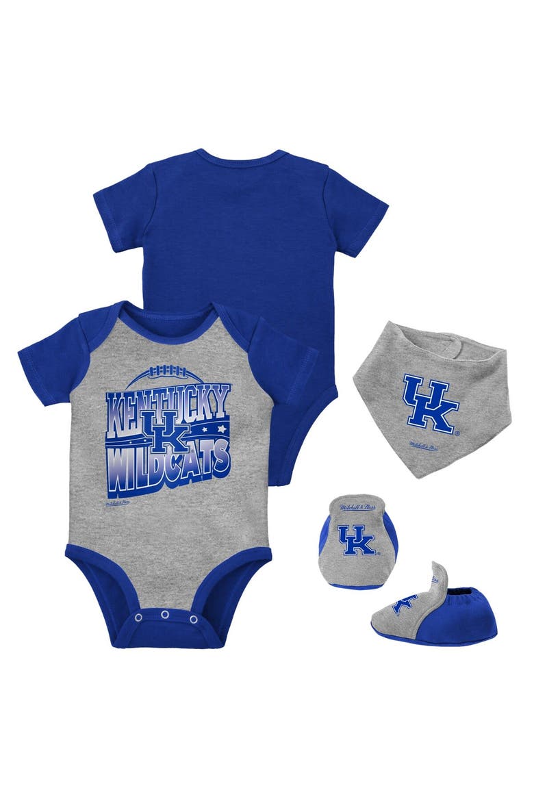Infant Mitchell & Ness Royal/Heather Gray Kentucky Wildcats 3-Pack Bodysuit, Bib and Bootie Set, Main, color, Royal
