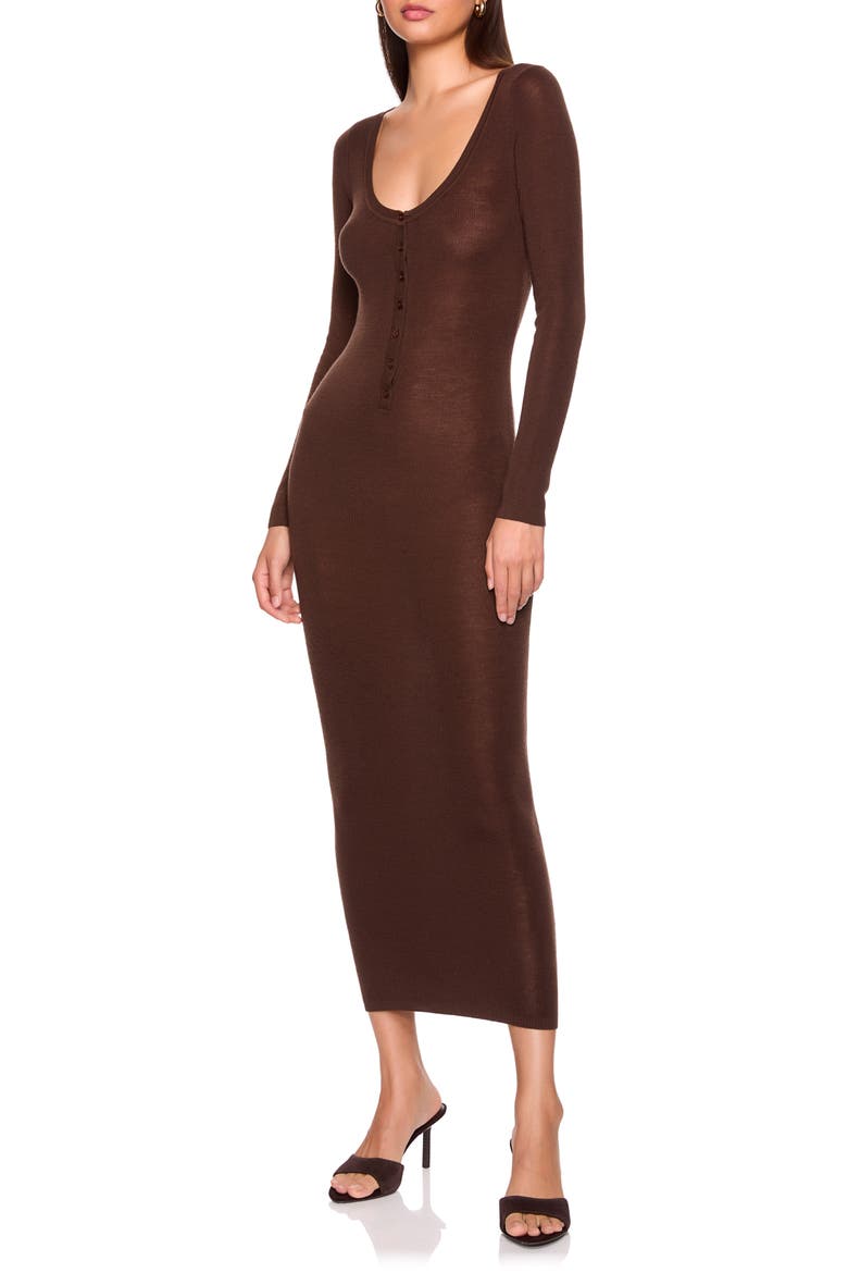 Merino Wool Henley Long Sleeved Dress, Alternate, color, JAVA