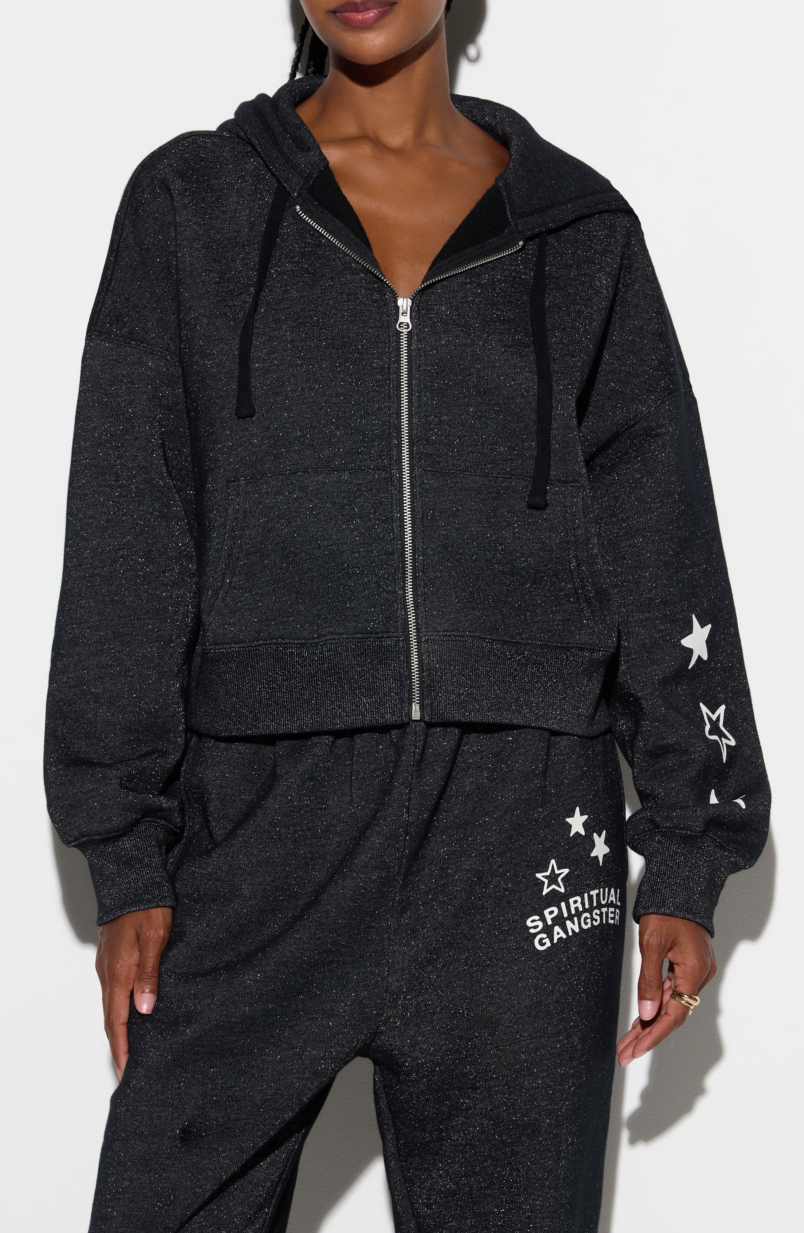 Spiritual Gangster Luna Shimmer Cotton Blend Zip Graphic Hoodie In Black