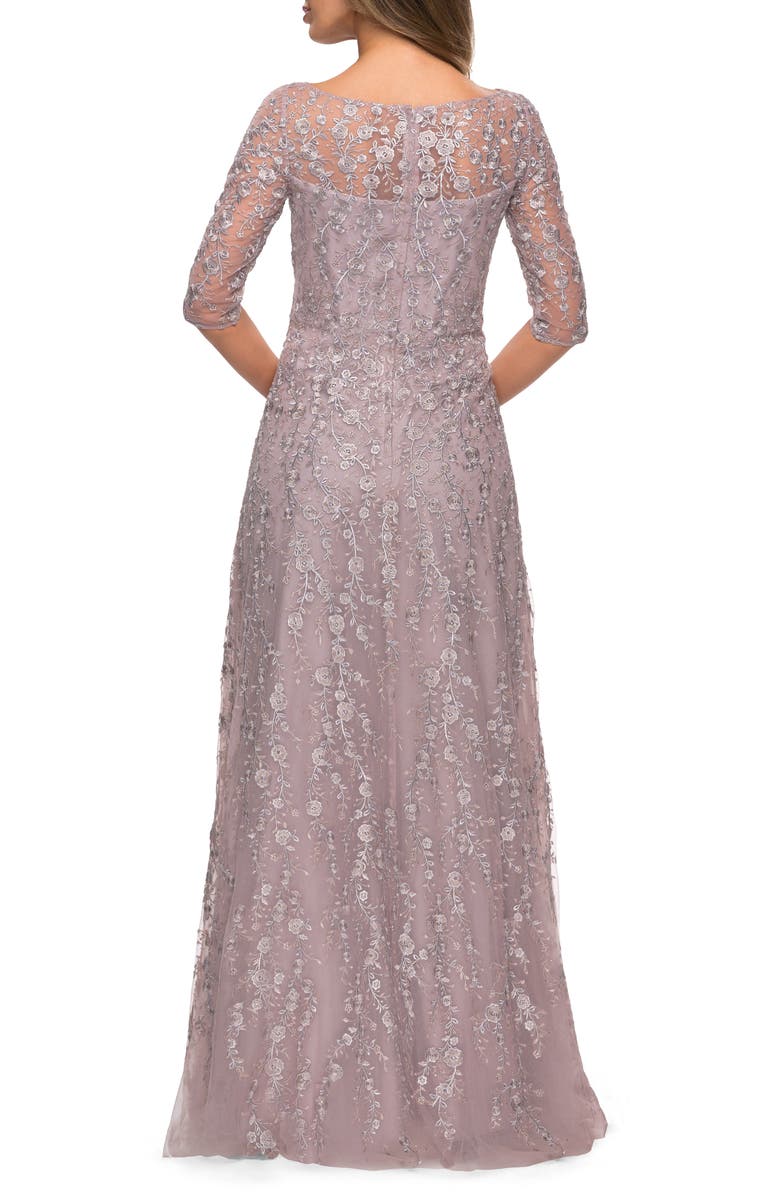 La Femme Floral Embroidery A-Line Gown, Alternate, color, 