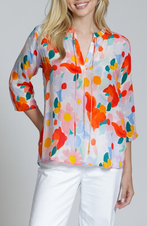 Print Tassel Split Neck Chiffon Top