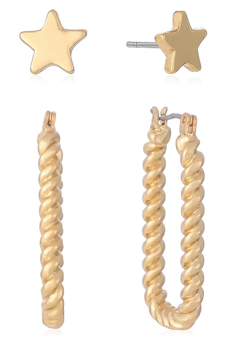 Set of 2 Star Stud & Hoop Earrings, Main, color, GOLD
