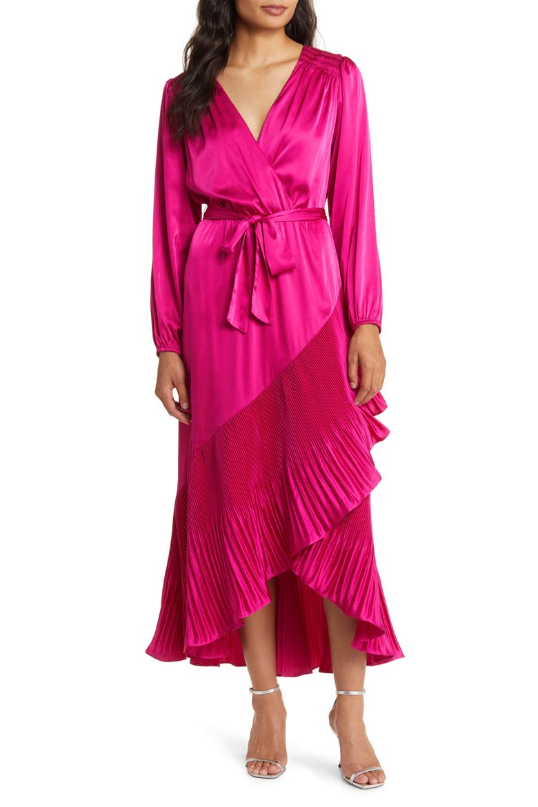 Asymmetric Pleated Belted Long Sleeve Dress, Main, color, BOLD FUCHSIA