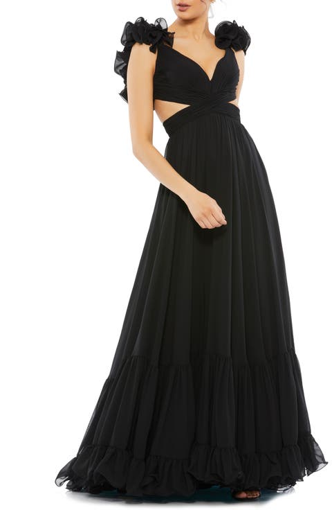 Sleeveless Ruffle Tiered Cut-Out Chiffon Gown