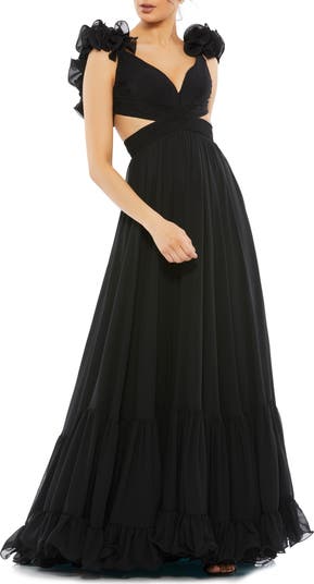 【MAC DUGGAL】ロング ドレス カットアウト フリル ブルー New Mac Duggal RUFFLE TIERED Chiffon Cutout Empire Waist