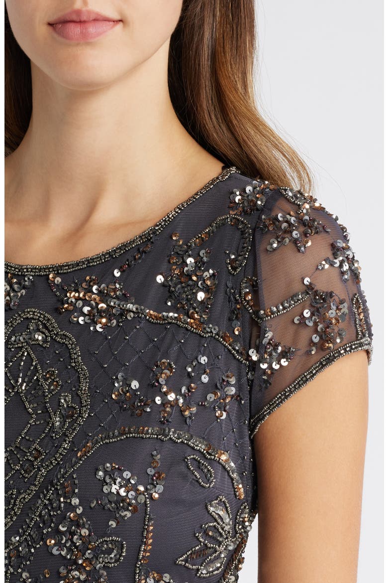 Beaded Mesh Midi Cocktail Dress, Alternate, color, JBS GREY 010