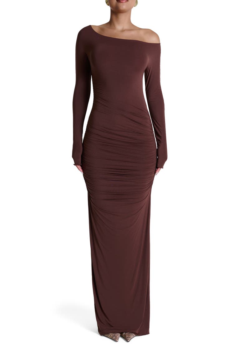 Ruched Off the Shoulder Long Sleeve Maxi Dress, Main, color, CHOCOLATE