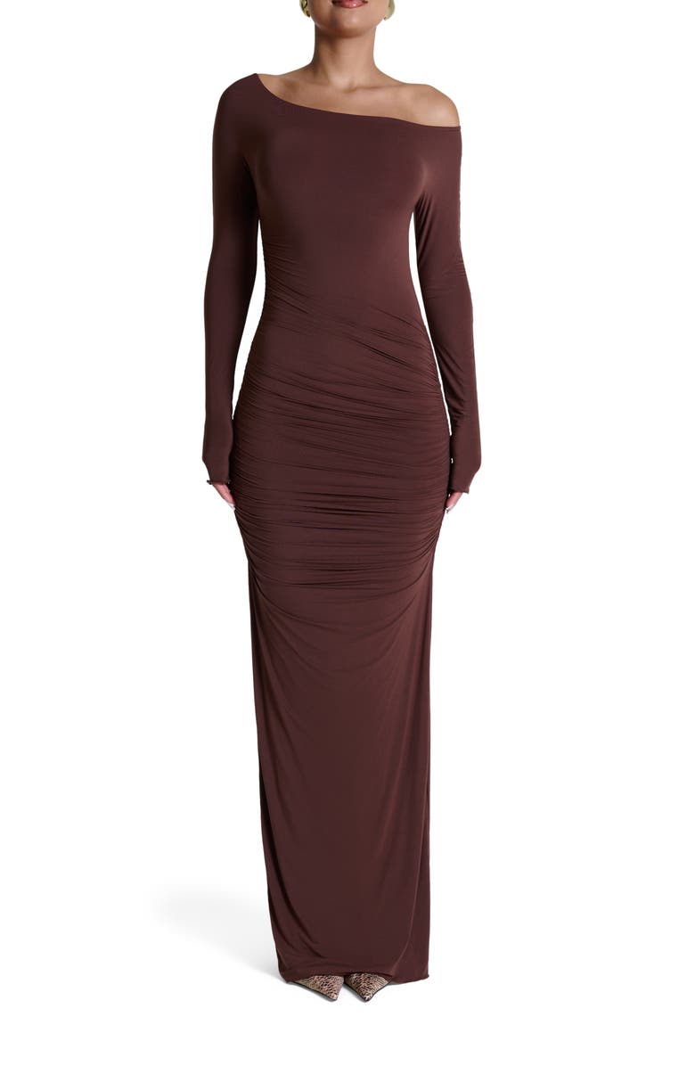 Naked Wardrobe Ruched Off the Shoulder Long Sleeve Maxi Dress, Main, color, Chocolate